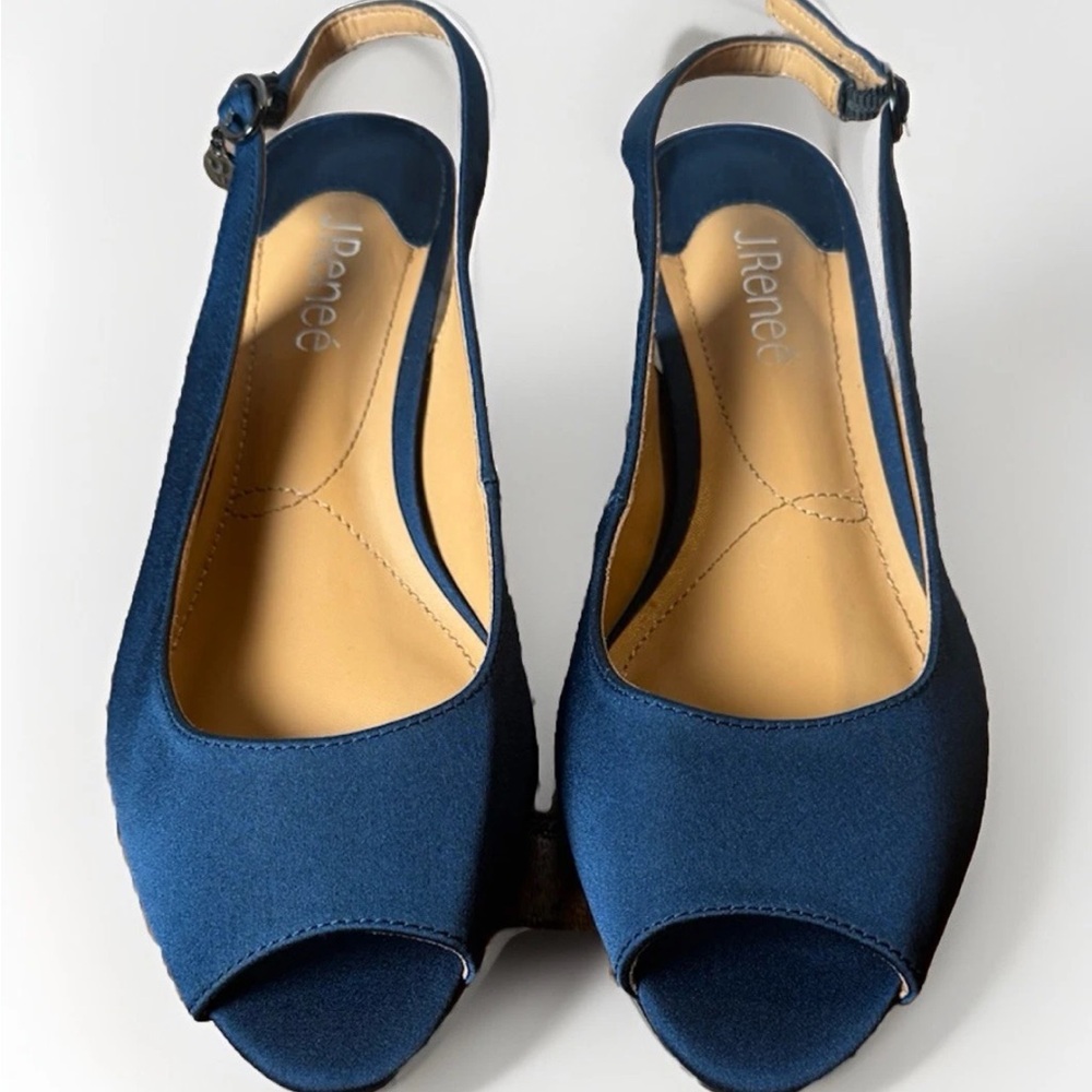 (9.5) J.Renee Elegant Slingback Dark Blue Peep-Toe Heels